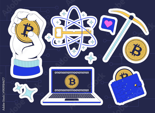 Cryptocurrency and blockchain colorful die-cut sticker sheet. Crypto finance. Bitcoin technology. Fintech. Flat cartoon collage design. Vector illustration. Labels pack for journaling, scrapbooking