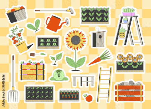Home gardening and plant care colorful die-cut sticker sheet. Vegetables harvest. Urban farming tools. Flat cartoon collage design. Vector illustration. Labels pack for journaling, scrapbooking