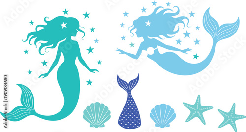 Fantasy mermaid silhouettes collection, aquatic icons, ocean mythology figures, underwater decoration, sea creature shapes, isolated vector illustration design