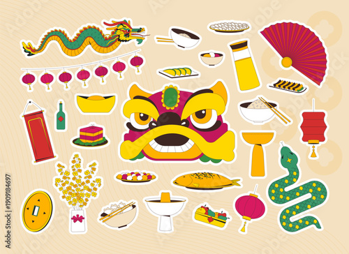 Festive Lunar New Year colorful die-cut sticker sheet. Dragon dance. Cultural cny cuisine. Chinese celebration. Flat cartoon collage. Vector illustration. Labels pack for journaling, scrapbooking