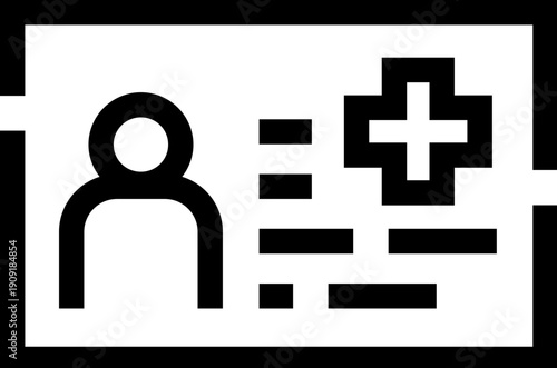 Patient medical id card with profile icon and medical cross, minimal black and white vector illustrating health insurance, clinical records, access to care, emergency contact and privacy info