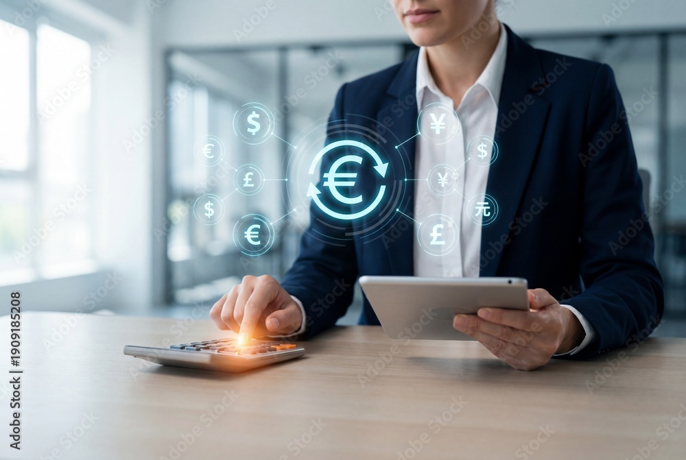 Fototapeta premium Businesswoman using calculator with holographic currency symbols
