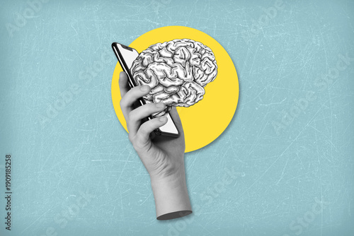 Art collage on the topic of modern smart technologies. Smart applications for mobile phones. Artificial intelligence in the modern world