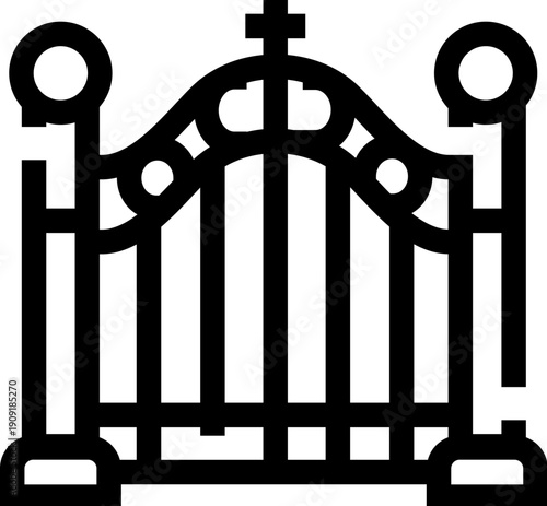 Ornate wrought iron gate topped with a cross marking a cemetery or historic church entrance, symbolizing sacred boundary, remembrance, mourning, and peaceful final rest