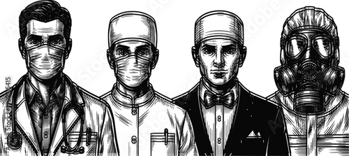 "Vector illustration of medical professionals and protective figures wearing masks, gas mask, stethoscope, formal attire, symbolic black and white artwork"
