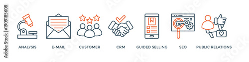 Inbound marketing banner web icon vector illustration concept with icon of analysis, email, customer, crm, guided selling, seo and public relations