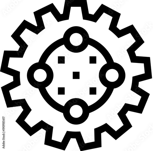 Gear outline icon illustrating a centralized system where multiple components or nodes connect and function together, symbolizing process management, network, or technological integration