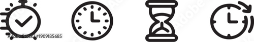 Time management icons set with stopwatch clock and hourglass on white background for productivity and scheduling concepts