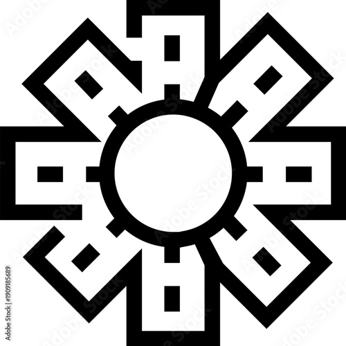 Stylized eight pointed asterisk icon with a central circle and repeating rectangular shapes, representing a distinctive and recognizable graphic symbol widely associated with music and rock bands