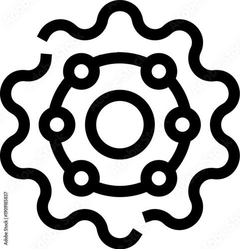 Icon representing a machine gear or cog mechanism with internal connections, symbolizing settings, technology, engine parts, and mechanical processes on a white background