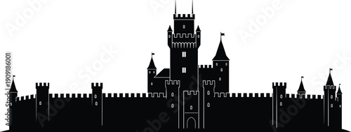 "Vector illustration of medieval castle silhouette with towers, turrets, battlements, fortified walls, arched entrance, fantasy black and white artwork"