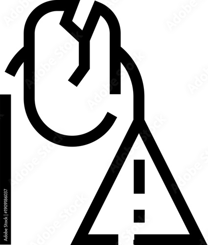 Brittle fingernail with cracked, peeling nail plate and overlaid warning triangle pictogram, vector line art symbol for onyxoschizia, nail damage and dermatological warning