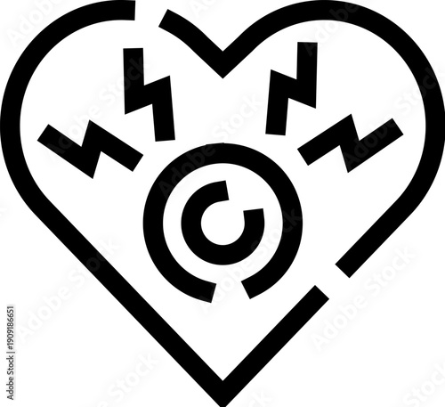 Heart icon displaying a central circle and surrounding jagged lines, symbolizing cardiac pain, heart attack symptoms, or a condition affecting heart health in medical and healthcare contexts