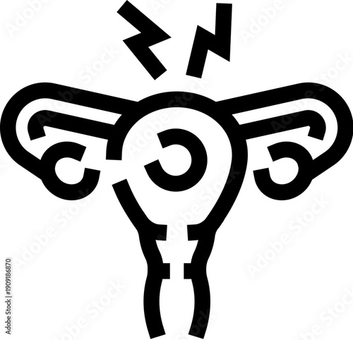 Female reproductive system outline icon with lightning bolts indicating uterine inflammation, pelvic pain, endometriosis and menstrual cramps for gynecology, health and medical concepts