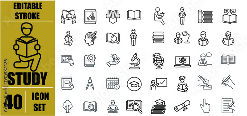 Study Icons Set Editable Stroke Line Style, Education Knowledge Teacher Classroom Study Language Learning Symbols, School College University E Learning Vector Outline Icon Pack for Infographics UI UX 
