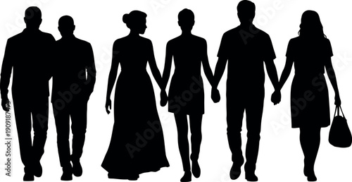 Diverse group of people walking together holding hands in a silhouette against a white background