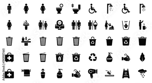 Restroom, hygiene & sanitation icon set – public toilet, cleaning and waste symbols