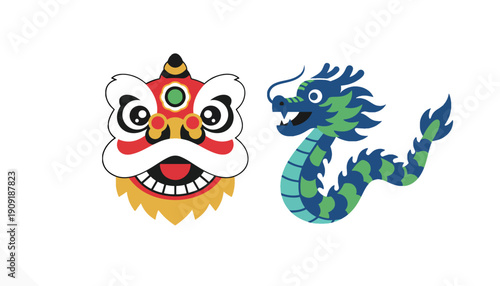 Chinese Lion Dance and Dragon Illustration with Traditional Festive Colors