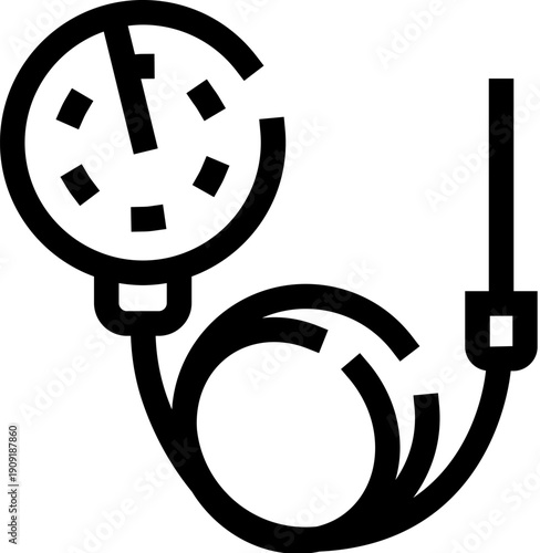Sphygmomanometer showing a pressure gauge connected by a tube to an inflatable cuff, representing a tool for measuring blood pressure in healthcare and medical diagnostic contexts