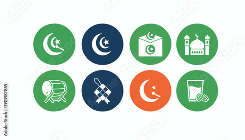 Vibrant and adorable collection of Islamic holiday icons, perfect for illustrating Ramadan, Eid al-Fitr, and cultural traditions