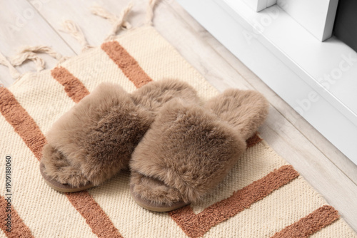 Brown slippers on rug in ro...