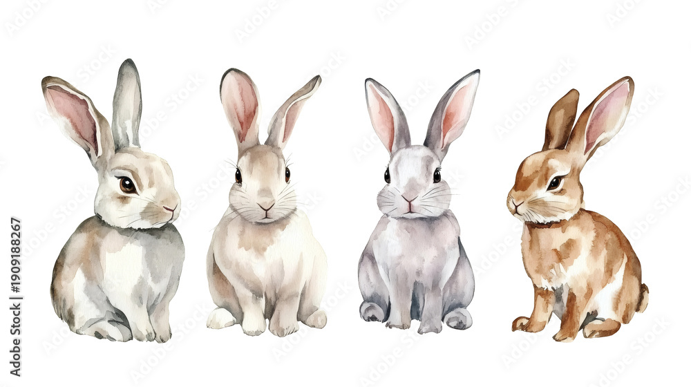 Fototapeta premium Three watercolor painted rabbits sitting side by side on white background, pastel tones, cute realistic illustration, each rabbit different color (brown, gray, white)