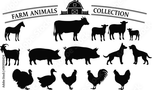 Farm animals silhouettes collection, cow horse pig goat sheep dog poultry icons, barnyard livestock figures, black animal shapes, isolated vector illustration design