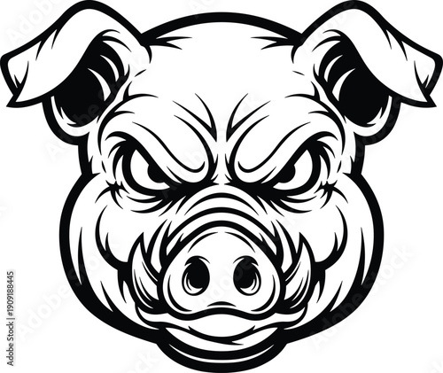Fierce pig head illustration, aggressive animal face with bold lines, black and white stylized design, intimidating mascot vector artwork