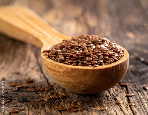 Wooden spoon filled with tiny brown seeds on a rustic surface