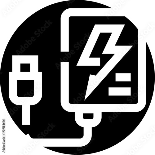 Power bank portable charger with lightning bolt icon, minimalist black and white outline representing fast charging, energy supply and emergency mobile power backup for devices