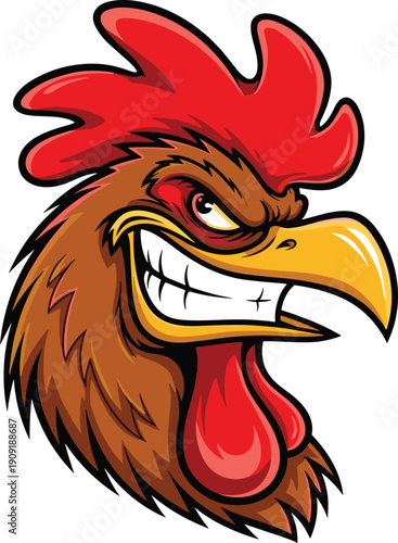 Cartoon rooster head illustration, fierce mascot design, aggressive farm animal character, bold expressive poultry artwork with exaggerated features