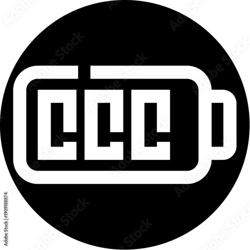 Minimalist black circle containing a white battery icon with three blocks showing full energy status, representing concepts of power, charging, and remaining capacity for technology applications