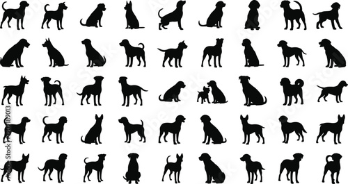 Dog silhouettes collection in varied breeds and poses, stylized canine vector illustration, decorative pet design, domestic animal motif concept