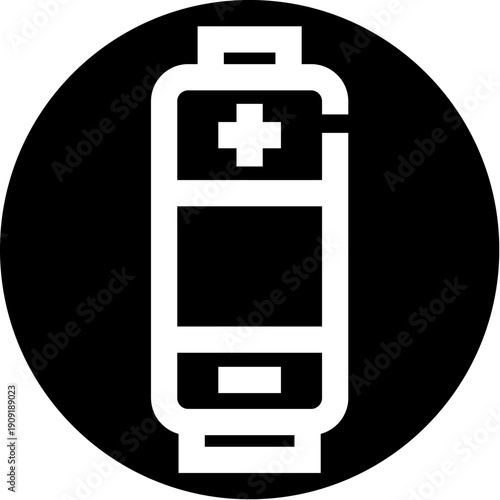 Battery icon showing power supply and energy storage with positive and negative terminals, ideal for charging, battery level, device status, electric vehicle and renewable energy concepts