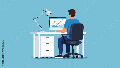 Professional analyst working with financial charts on computer vector art illustration