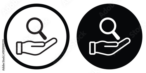 Modern linear icon showing a hand holding a magnifying glass. Ideal for concepts of search, analysis, transparency, recruitment, inspection, and finding solutions.