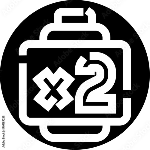 Black and white icon showing a multiplier and the number two, representing a bonus, power up, or double points in video games, apps, or business concepts like increased earnings