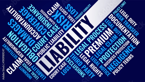 Liability risk coverage word cloud design, liability insurance legal protection and claim process concept