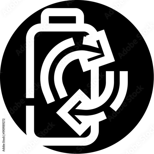 Icon illustrating battery recycling, symbolizing environmental responsibility, sustainable energy management, and the circular economy through a universally recognized symbol within a circular frame