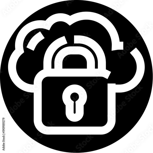 Padlock icon protecting cloud computing data, symbolizing cybersecurity measures, secure network communication, and digital privacy in online server environments