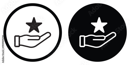High-quality icon of a hand holding a star. Perfect for representing customer reviews, premium service, favorites, rewards, achievement, and top-rated business performance.