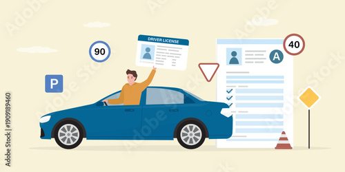 Male character drive car after driver course. Driver holding license. Auto school test. Driving school, traffic rules. Smart young man after driving exam or practice.