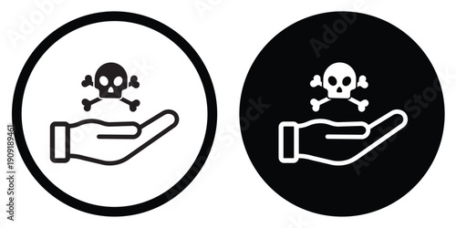 Warning icon of a hand holding a skull and crossbones symbol. Conceptualizes danger, toxic hazards, risk management, death, and poison alerts in a clean vector style.