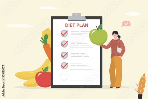 Diet plan. Cute girl planning diet with fruits and vegetables. Concept of dietary eating, meal planning. Healthy eating, proper nutrition. Nutritionist with a clipboard