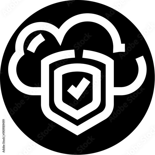 Cloud icon with an encircled shield and checkmark symbolizing digital security, data privacy, network protection, and internet safety in computing infrastructure