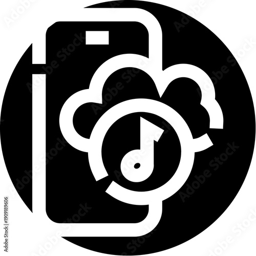 Smartphone displaying a cloud symbol with a musical note and circular arrow, representing digital music streaming, downloading, and cloud services on a mobile device