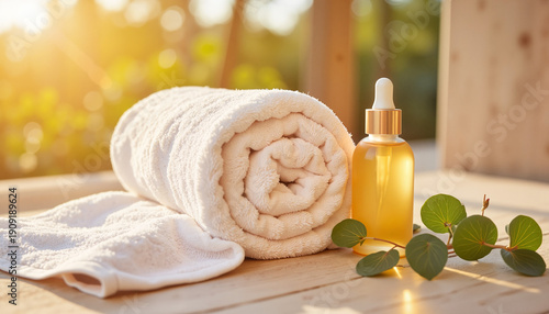 A crisp white cotton towel is folded on a spa terrace, with a bottle of scented massage oil nearby