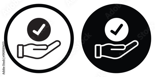 Professional vector icon of a human hand holding a checkmark circle. Symbolizes approval, verified service, quality assurance, and completed tasks in outline and solid styles.