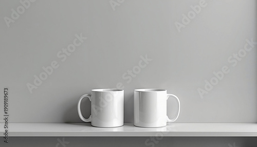 A pair of identical ceramic mugs, with handles facing opposite directions, on a narrow shelf against a gray wall