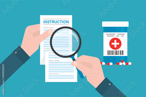 Hands holding paper instruction and magnifying glass. reading and research info about drugs. Jar with medicine or vitamins. Long instructions with information about medication.